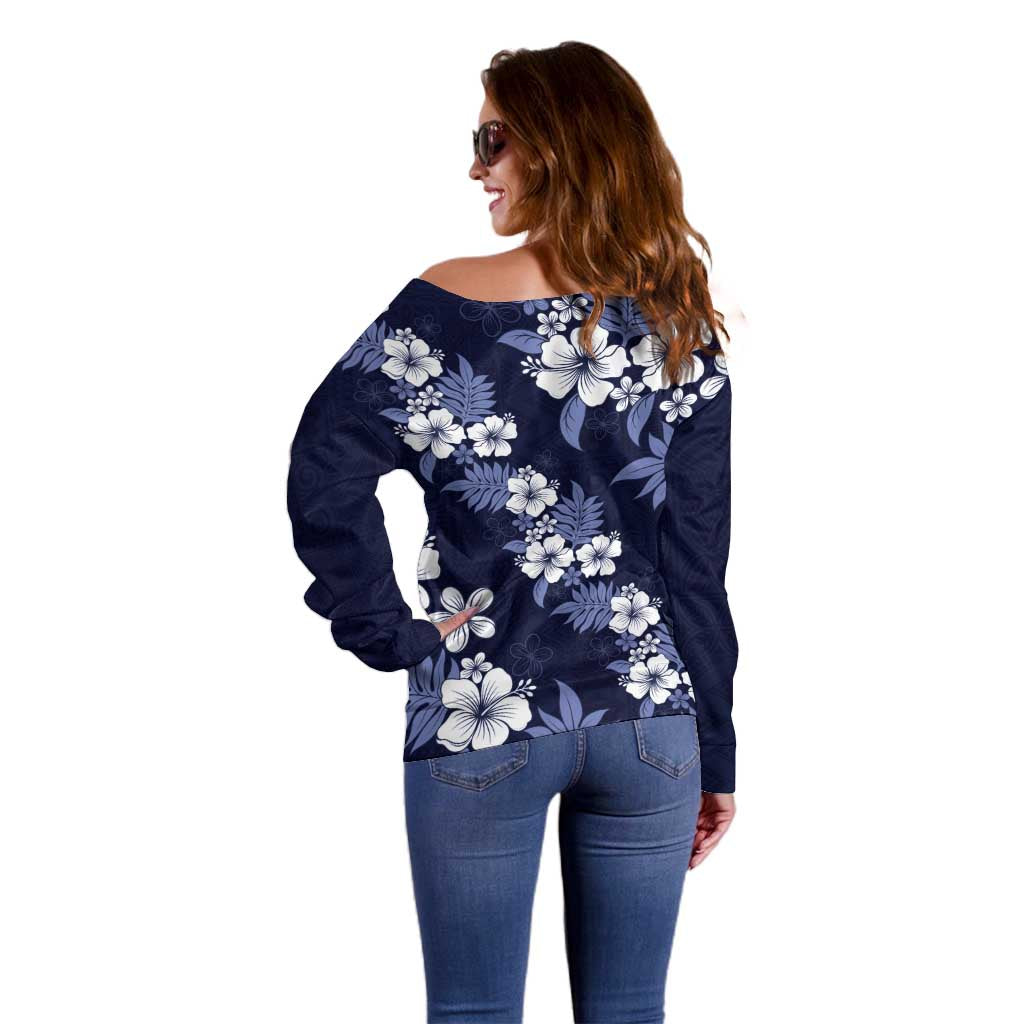 Hawaiian Hibiscus Tribal Floral Blue Off Shoulder Sweater Polynesian Tapa Pattern - Polynesian Pride