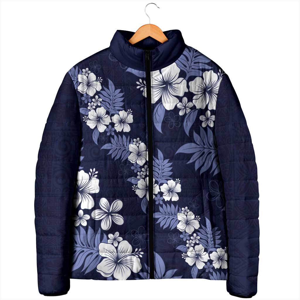Hawaiian Hibiscus Tribal Floral Blue Padded Jacket Polynesian Tapa Pattern - Polynesian Pride
