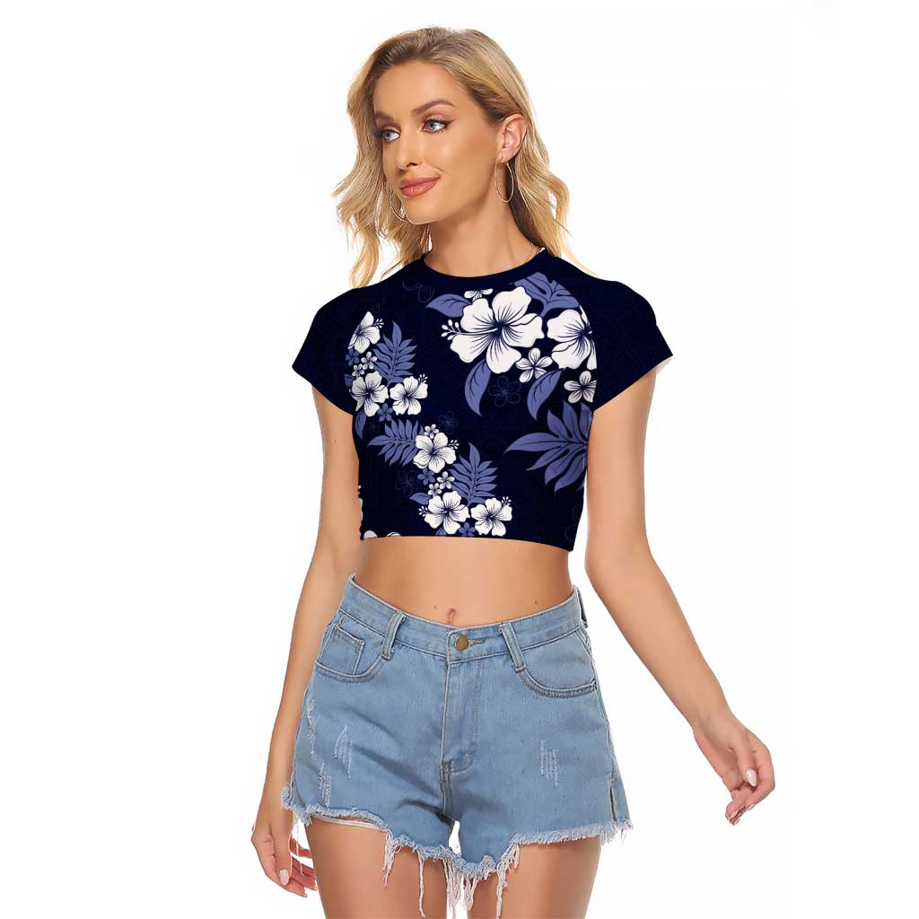 Hawaiian Hibiscus Tribal Floral Blue Raglan Cropped T Shirt Polynesian Tapa Pattern - Polynesian Pride