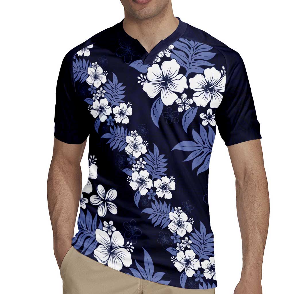 Hawaiian Hibiscus Tribal Floral Blue Rugby Jersey Polynesian Tapa Pattern - Polynesian Pride