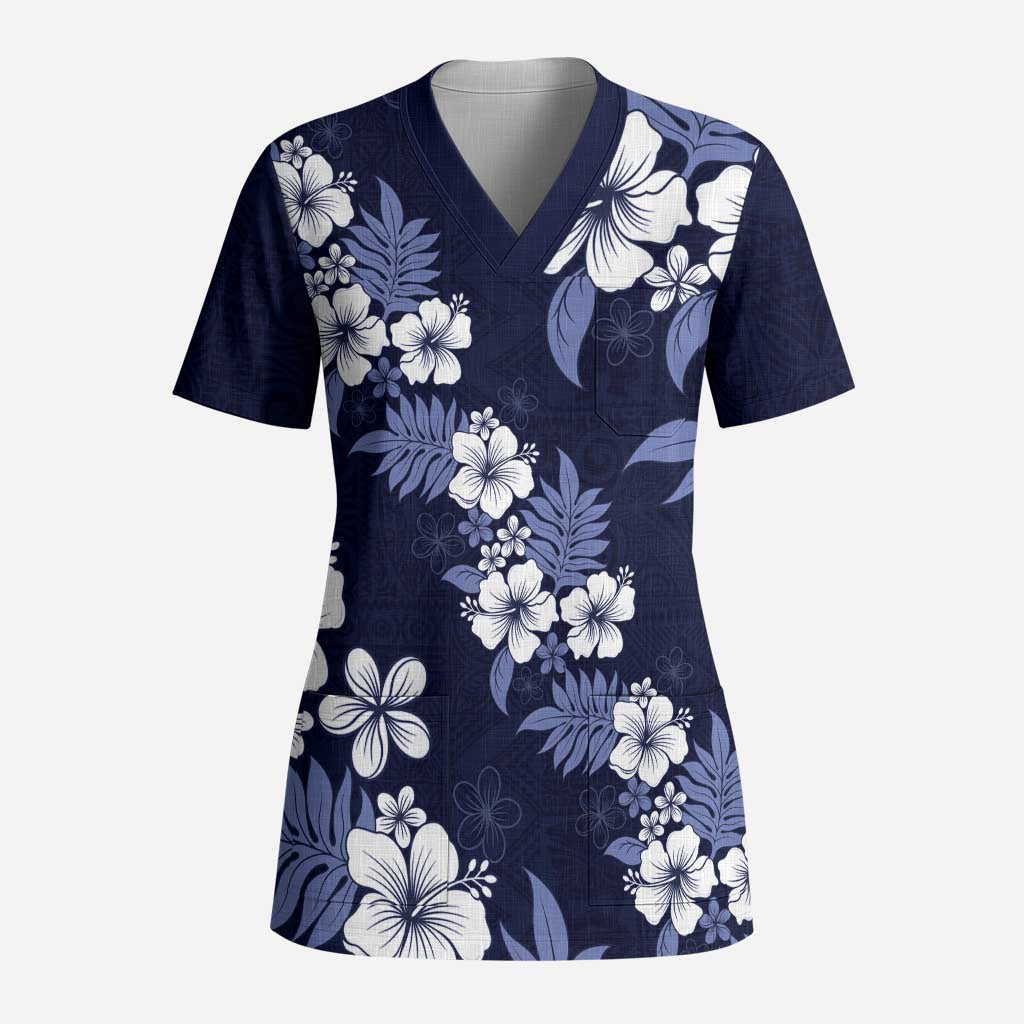 Hawaiian Hibiscus Tribal Floral Blue Scrub Top Polynesian Tapa Pattern - Polynesian Pride