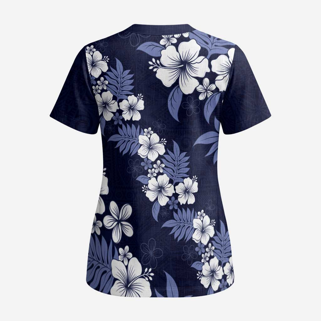Hawaiian Hibiscus Tribal Floral Blue Scrub Top Polynesian Tapa Pattern - Polynesian Pride