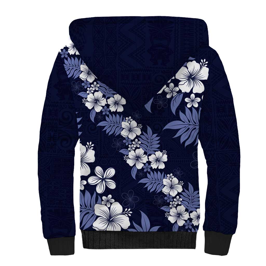 Hawaiian Hibiscus Tribal Floral Blue Sherpa Hoodie Polynesian Tapa Pattern - Polynesian Pride