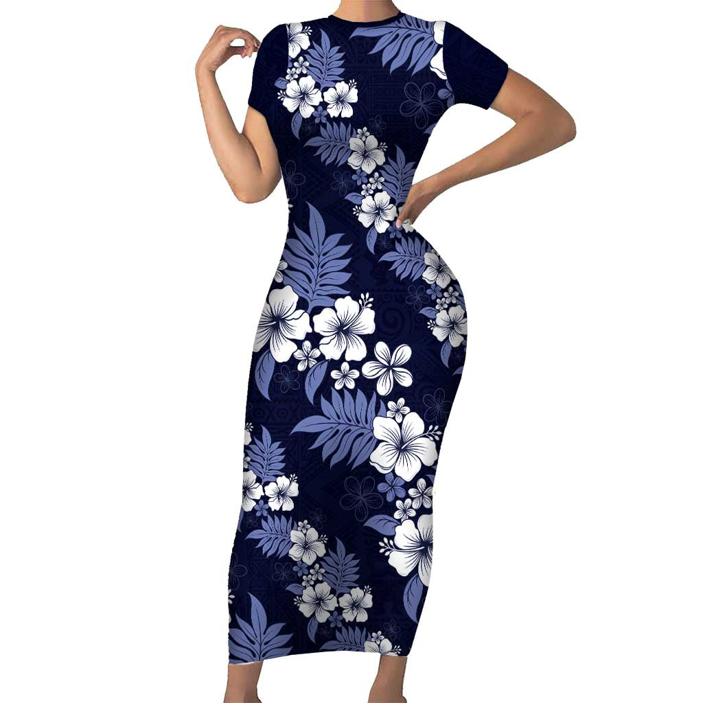 Hawaiian Hibiscus Tribal Floral Blue Short Sleeve Bodycon Dress Polynesian Tapa Pattern - Polynesian Pride