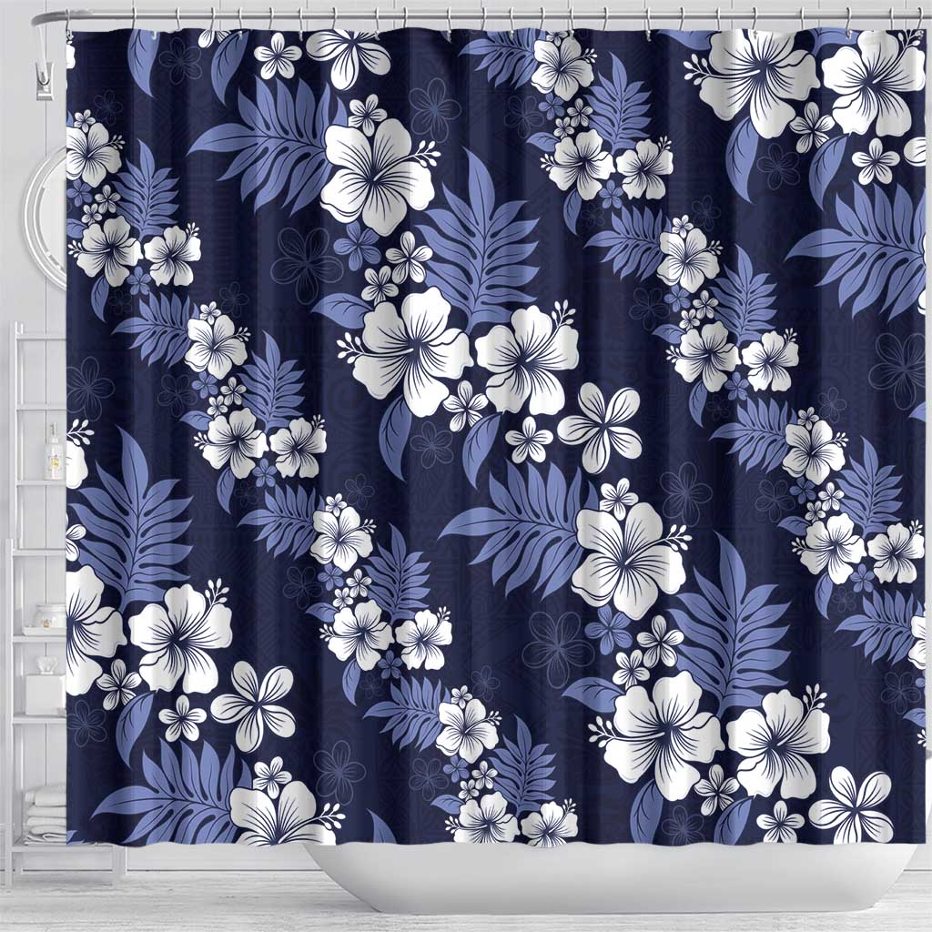 Hawaiian Hibiscus Tribal Floral Blue Shower Curtain Polynesian Tapa Pattern - Polynesian Pride