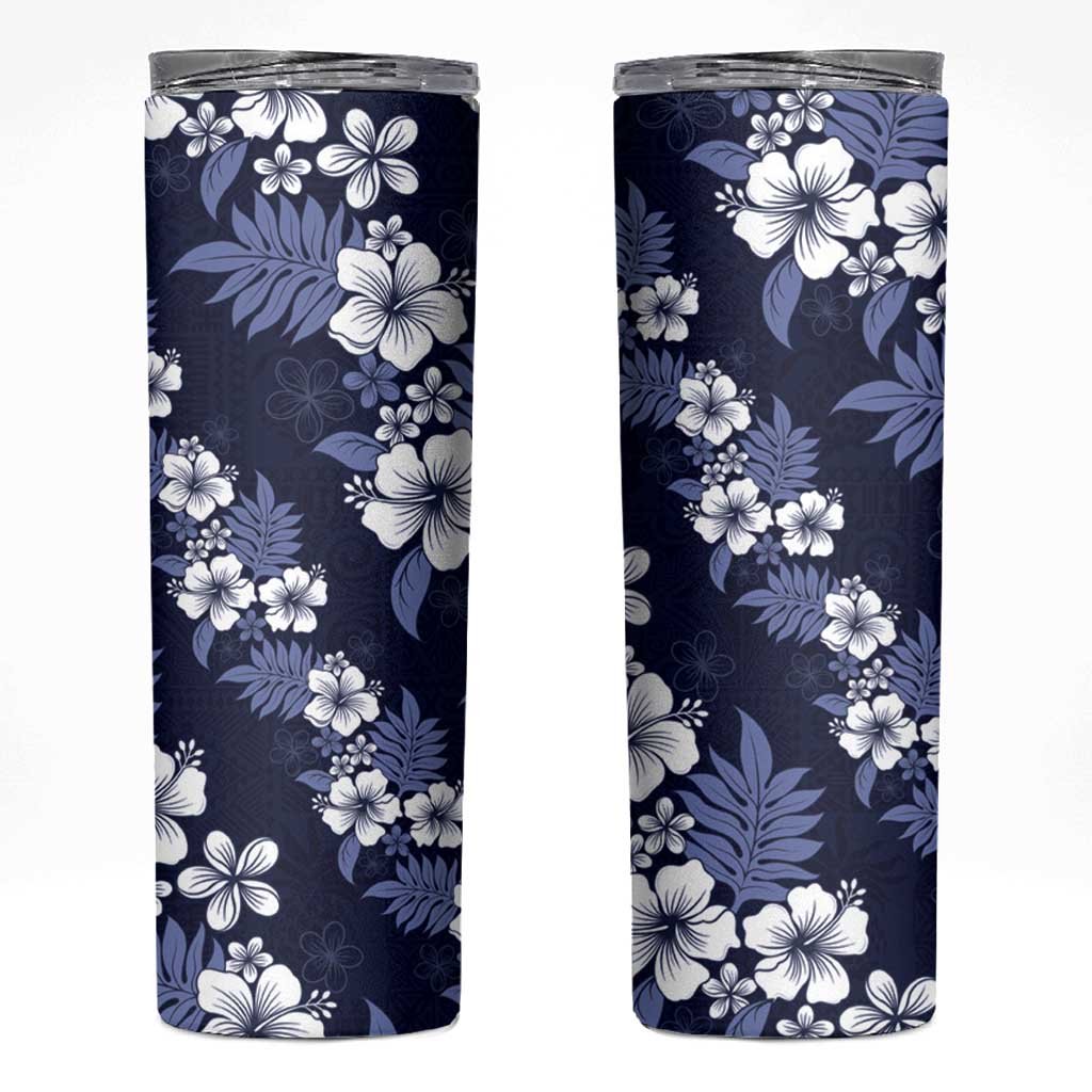 Hawaiian Hibiscus Tribal Floral Blue Skinny Tumbler Polynesian Tapa Pattern - Polynesian Pride