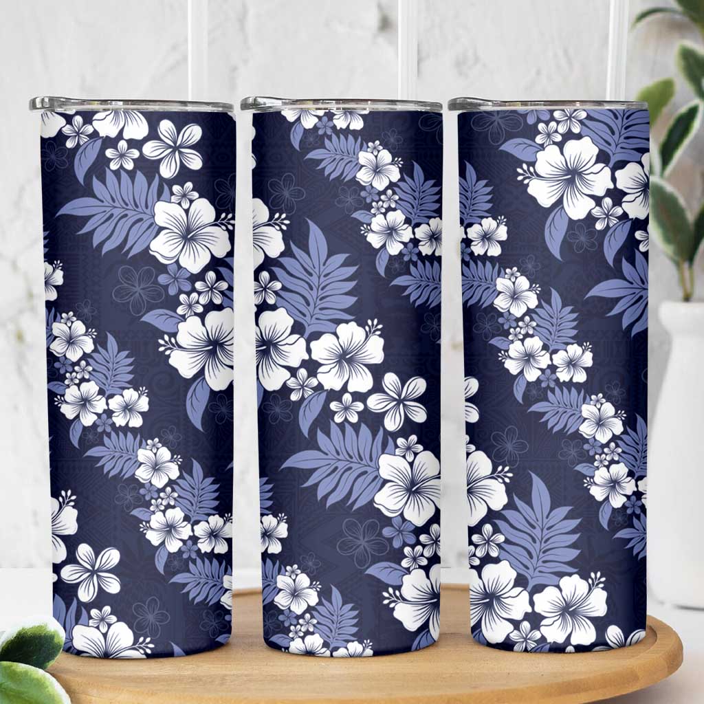 Hawaiian Hibiscus Tribal Floral Blue Skinny Tumbler Polynesian Tapa Pattern - Polynesian Pride