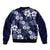 Hawaiian Hibiscus Tribal Floral Blue Sleeve Zip Bomber Jacket Polynesian Tapa Pattern - Polynesian Pride