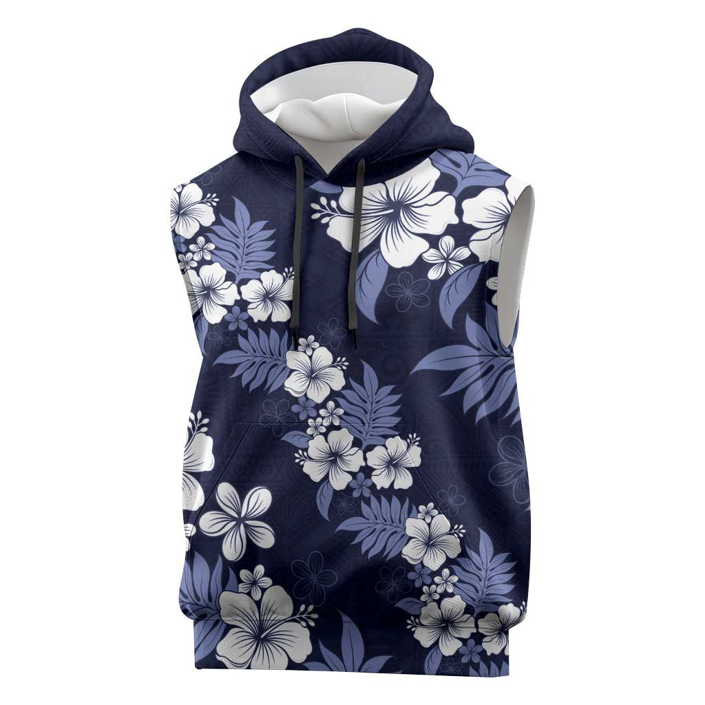 Hawaiian Hibiscus Tribal Floral Blue Sleeveless Hoodie Polynesian Tapa Pattern - Polynesian Pride