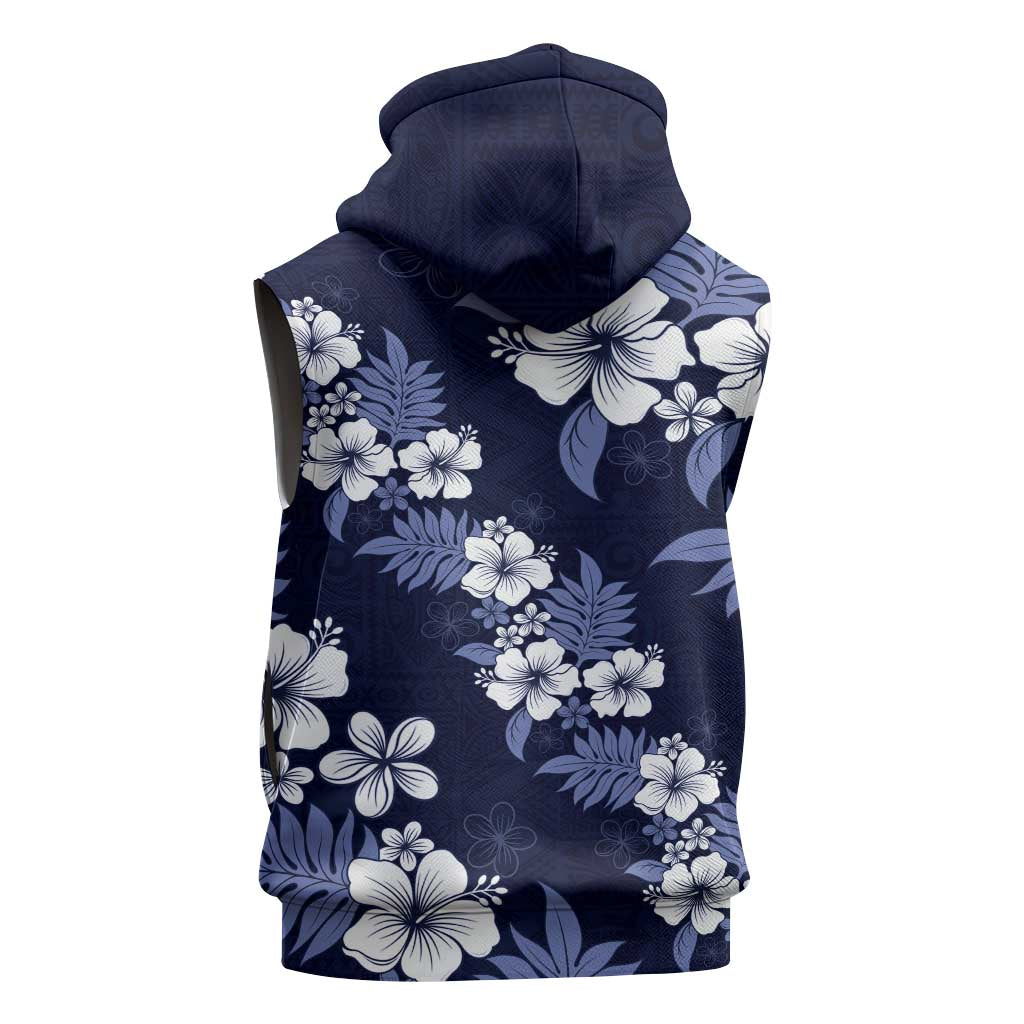 Hawaiian Hibiscus Tribal Floral Blue Sleeveless Hoodie Polynesian Tapa Pattern - Polynesian Pride