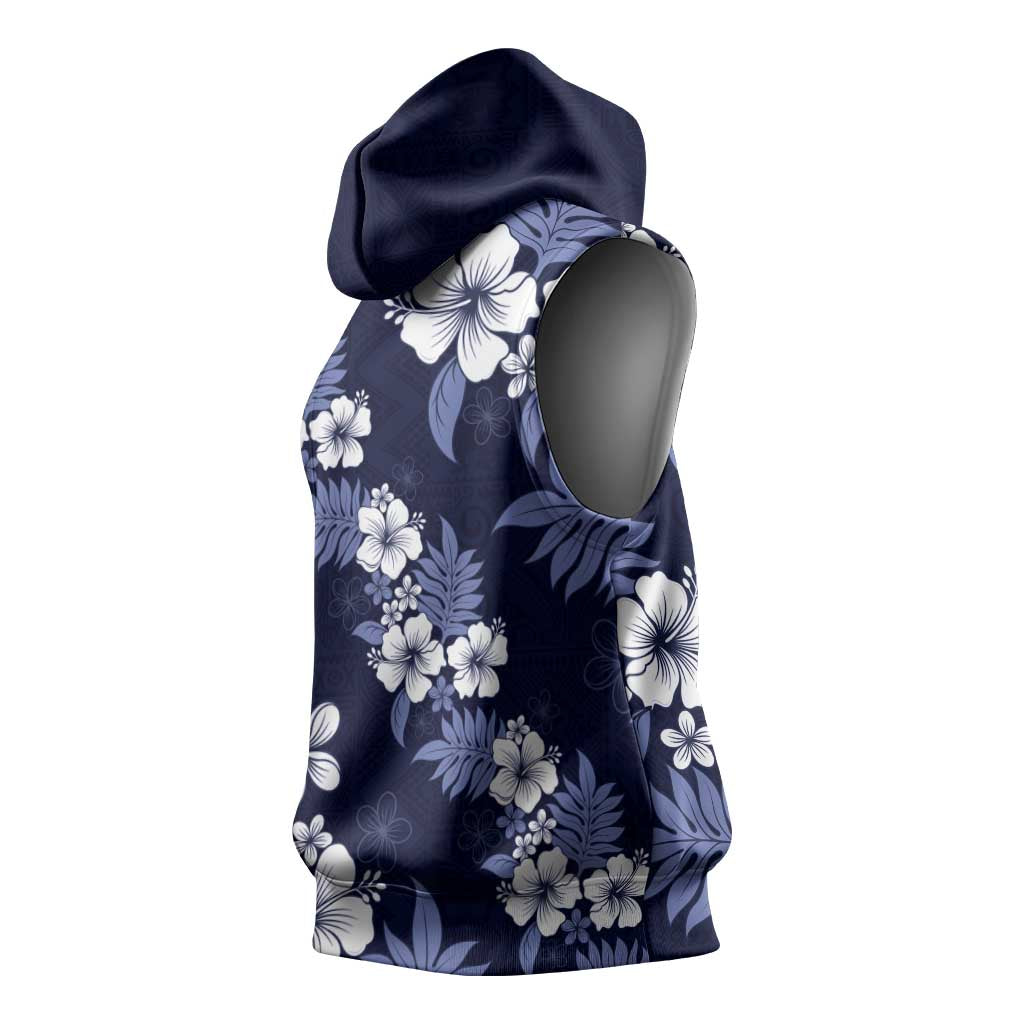 Hawaiian Hibiscus Tribal Floral Blue Sleeveless Hoodie Polynesian Tapa Pattern - Polynesian Pride