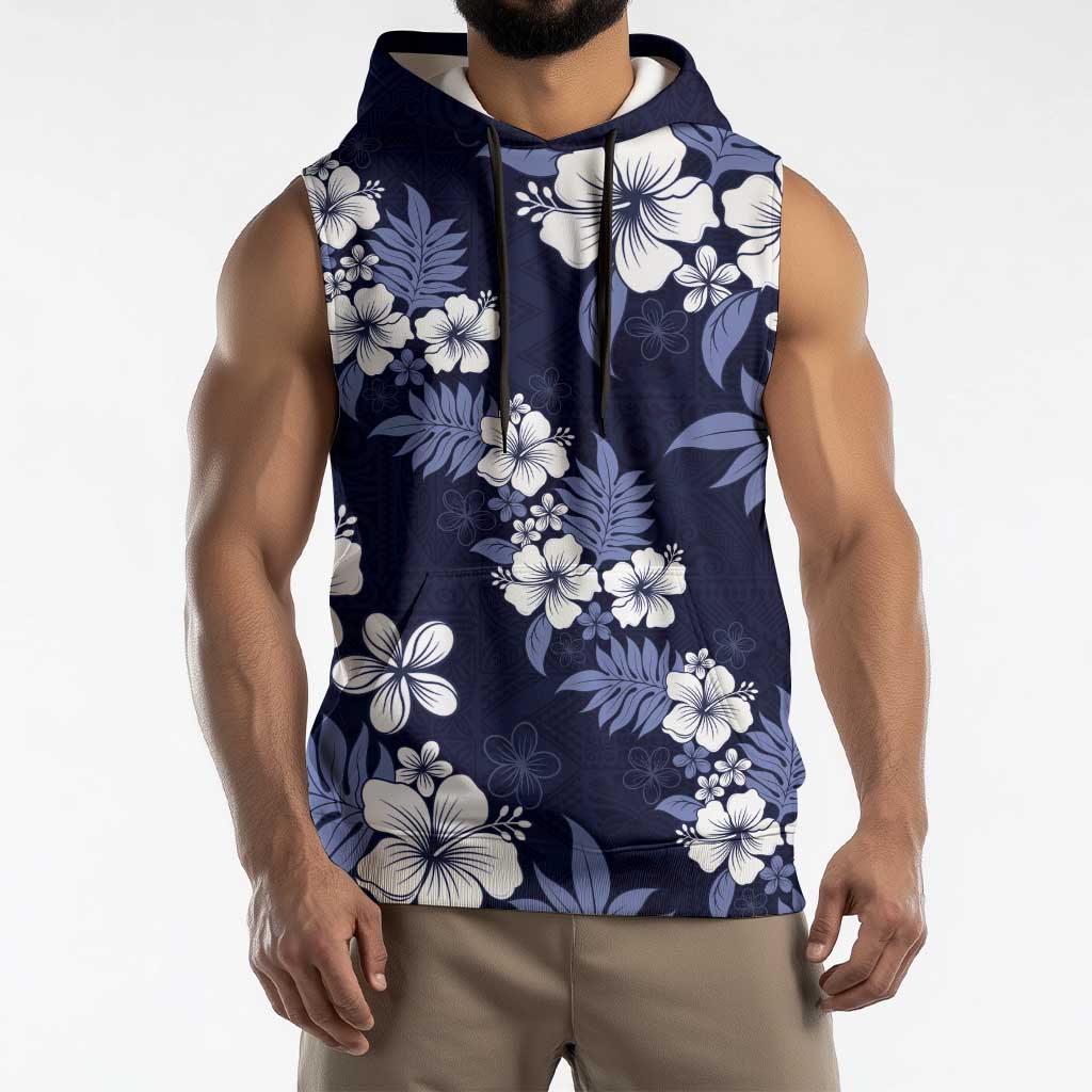 Hawaiian Hibiscus Tribal Floral Blue Sleeveless Hoodie Polynesian Tapa Pattern - Polynesian Pride