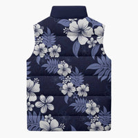 Hawaiian Hibiscus Tribal Floral Blue Sleeveless Puffer Jacket Polynesian Tapa Pattern - Polynesian Pride
