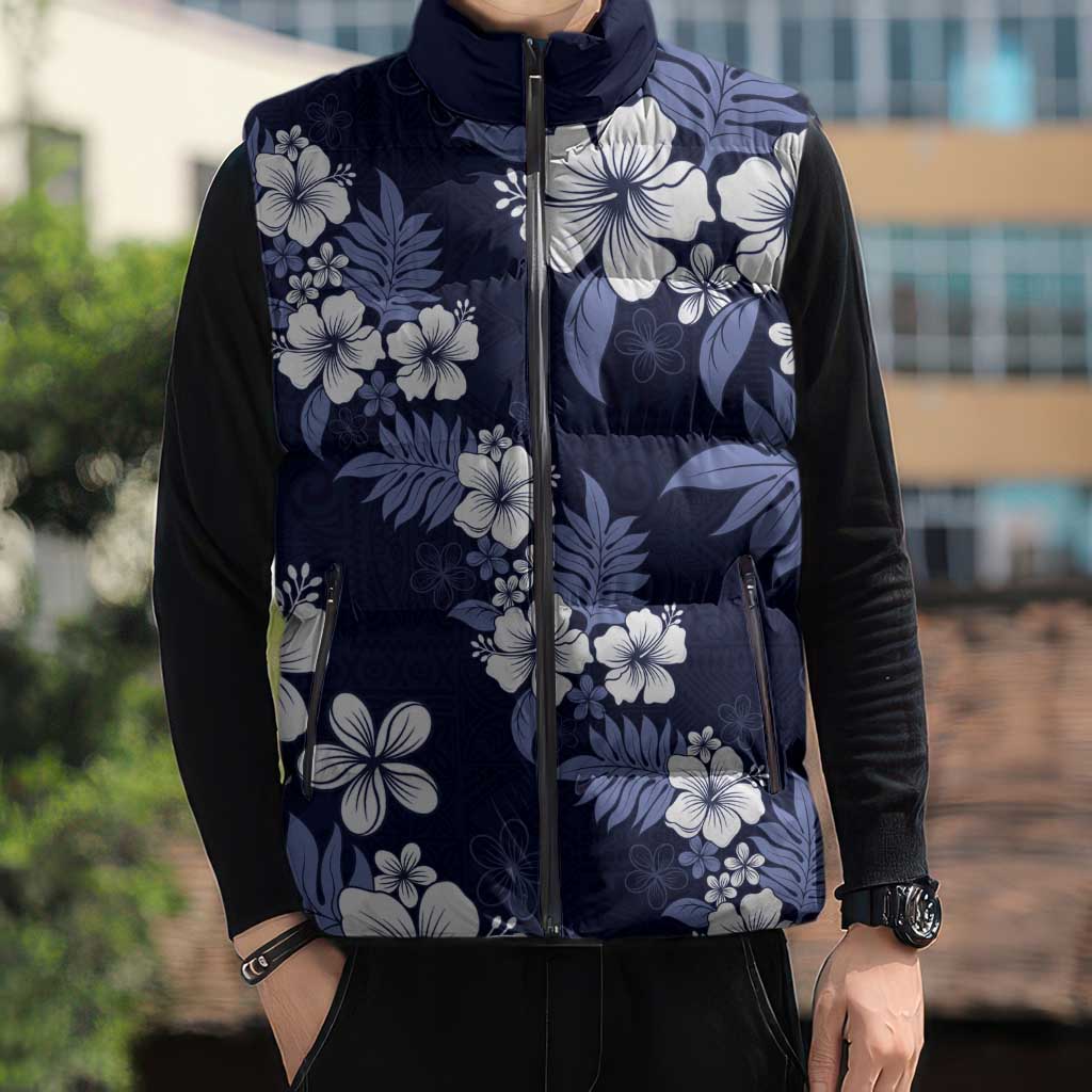 Hawaiian Hibiscus Tribal Floral Blue Sleeveless Puffer Jacket Polynesian Tapa Pattern - Polynesian Pride