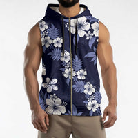 Hawaiian Hibiscus Tribal Floral Blue Sleeveless Zip Hoodie Polynesian Tapa Pattern - Polynesian Pride