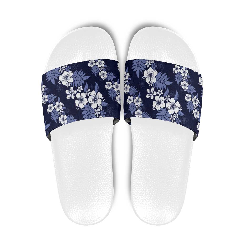 Hawaiian Hibiscus Tribal Floral Blue Slide Sandals Polynesian Tapa Pattern - Polynesian Pride