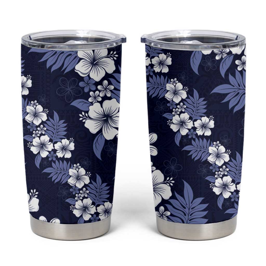Hawaiian Hibiscus Tribal Floral Blue Tumbler Cup Polynesian Tapa Pattern - Polynesian Pride