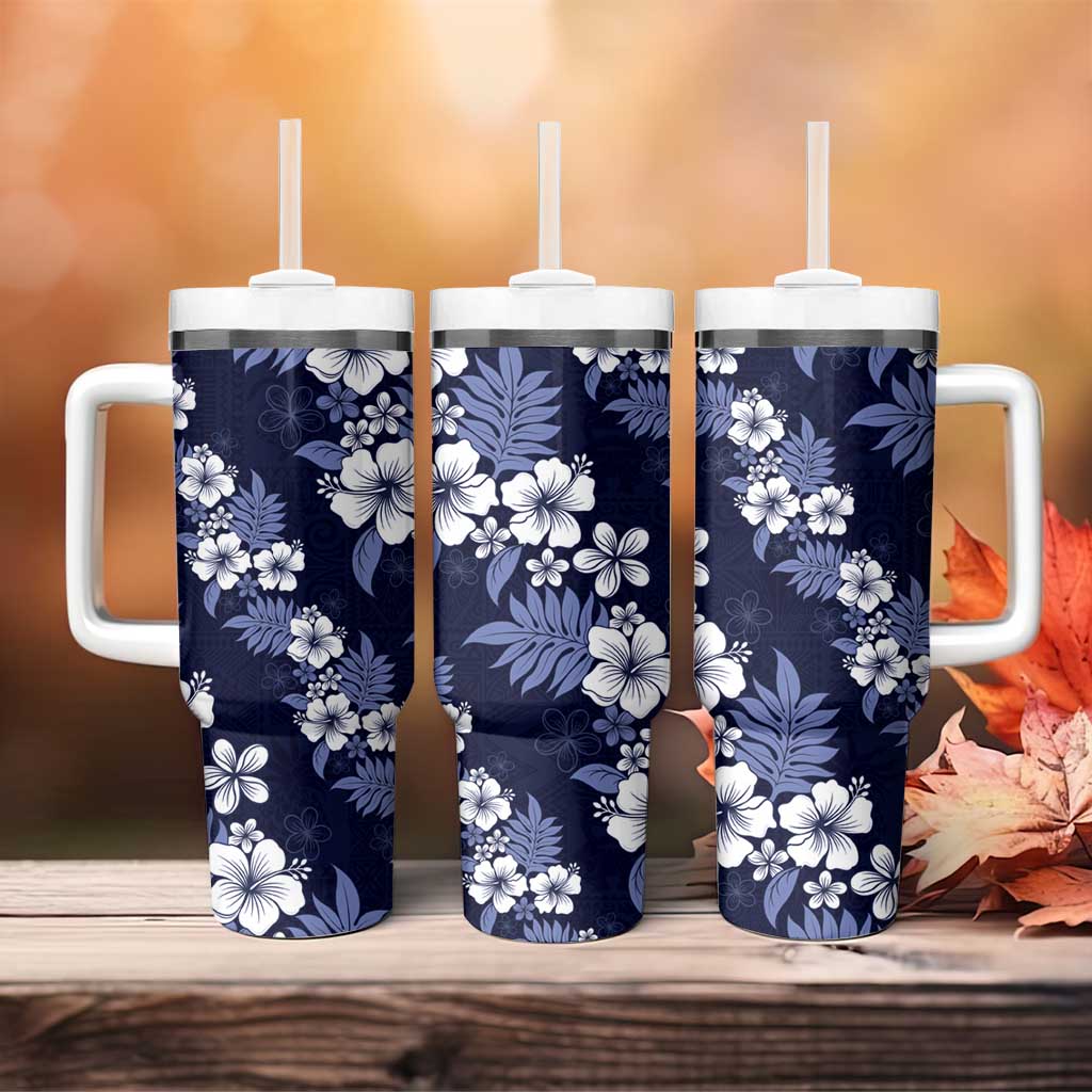 Hawaiian Hibiscus Tribal Floral Blue Tumbler With Handle Polynesian Tapa Pattern - Polynesian Pride