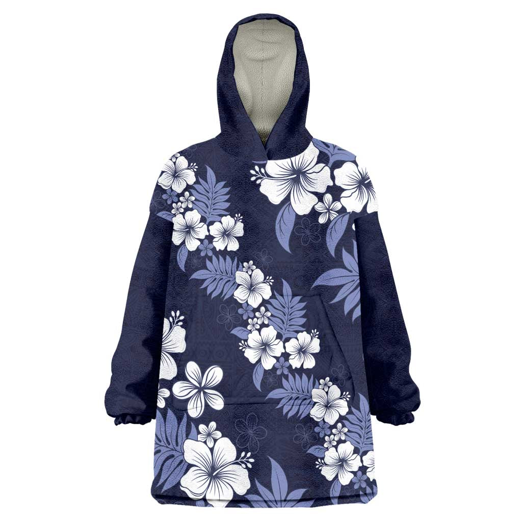 Hawaiian Hibiscus Tribal Floral Blue Wearable Blanket Hoodie Polynesian Tapa Pattern - Polynesian Pride