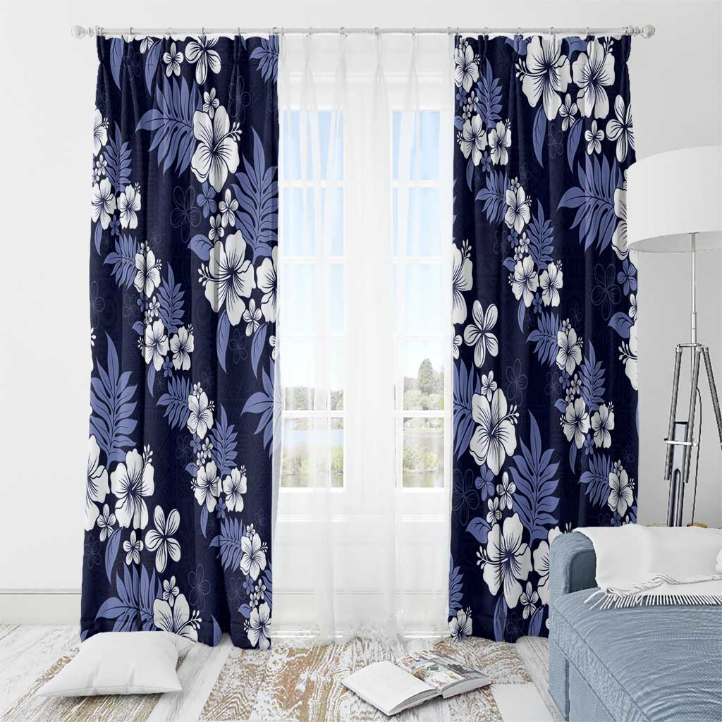 Hawaiian Hibiscus Tribal Floral Blue Window Curtain Polynesian Tapa Pattern - Polynesian Pride