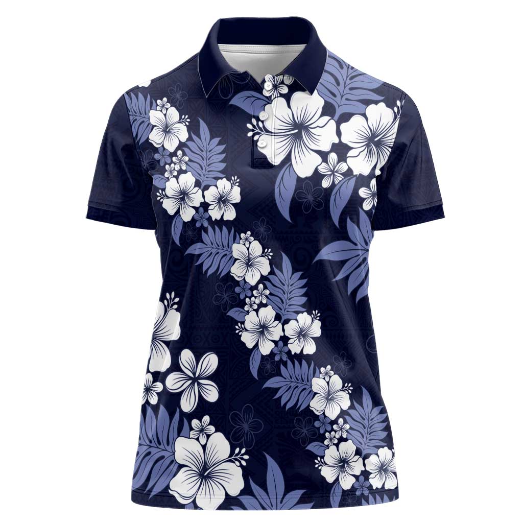 Hawaiian Hibiscus Tribal Floral Blue Women Polo Shirt Polynesian Tapa Pattern - Polynesian Pride