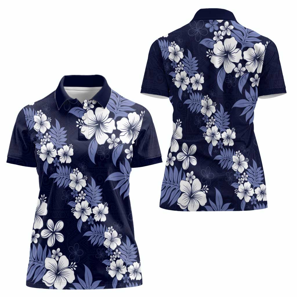 Hawaiian Hibiscus Tribal Floral Blue Women Polo Shirt Polynesian Tapa Pattern - Polynesian Pride