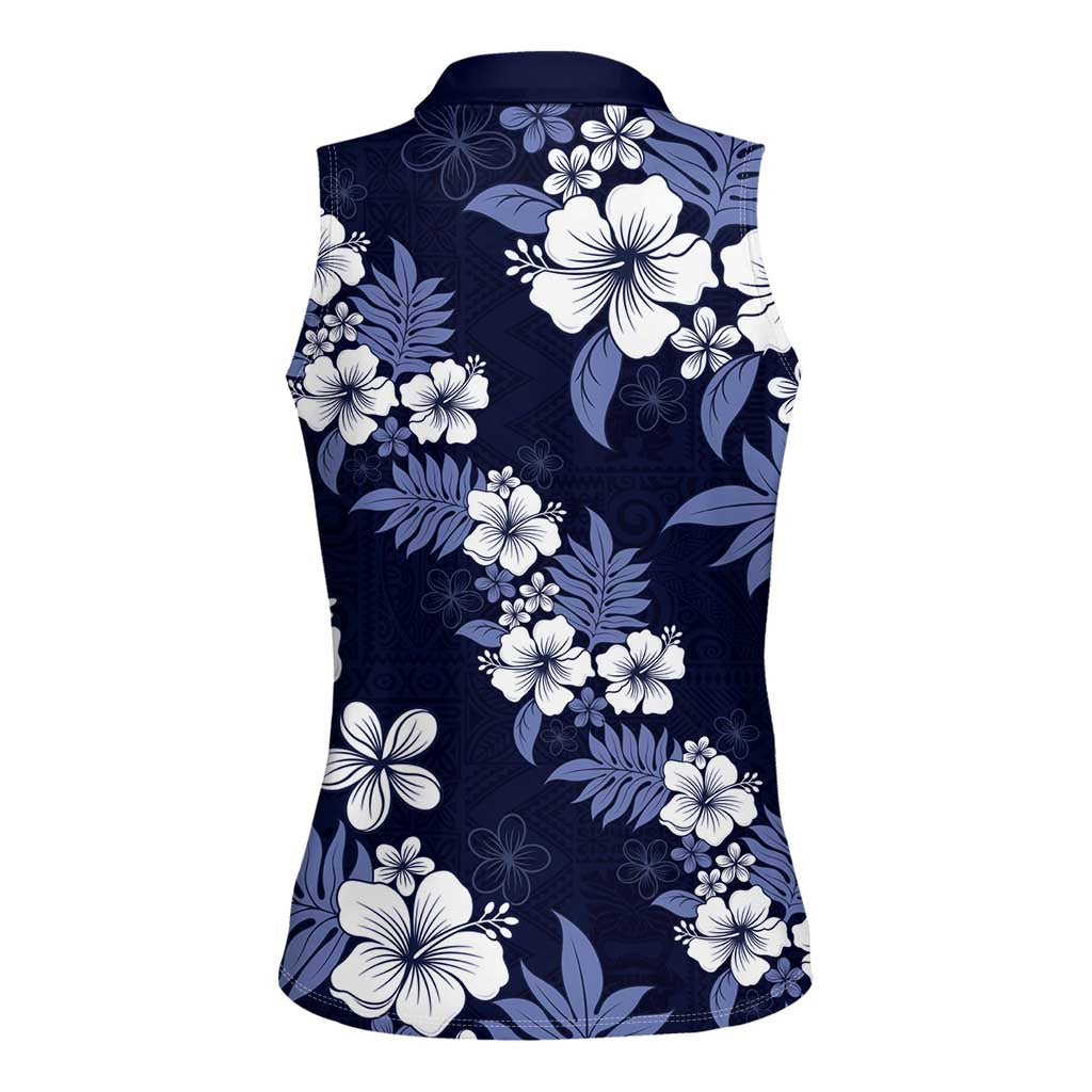 Hawaiian Hibiscus Tribal Floral Blue Women Sleeveless Polo Shirt Polynesian Tapa Pattern - Polynesian Pride
