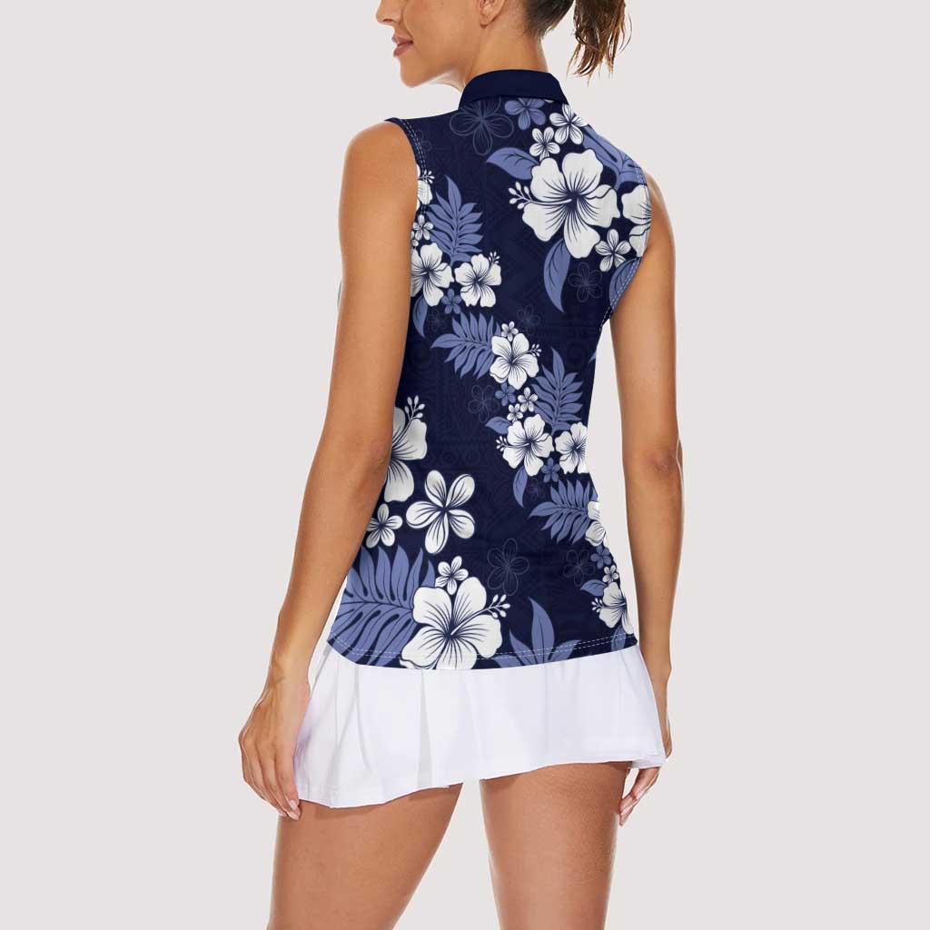 Hawaiian Hibiscus Tribal Floral Blue Women Sleeveless Polo Shirt Polynesian Tapa Pattern - Polynesian Pride