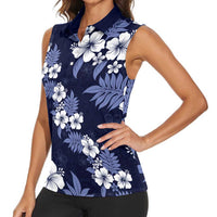 Hawaiian Hibiscus Tribal Floral Blue Women Sleeveless Polo Shirt Polynesian Tapa Pattern - Polynesian Pride