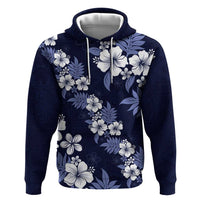 Hawaiian Hibiscus Tribal Floral Blue Zip Hoodie Polynesian Tapa Pattern - Polynesian Pride