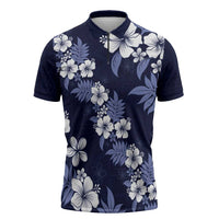 Hawaiian Hibiscus Tribal Floral Blue Zipper Polo Shirt Polynesian Tapa Pattern - Polynesian Pride