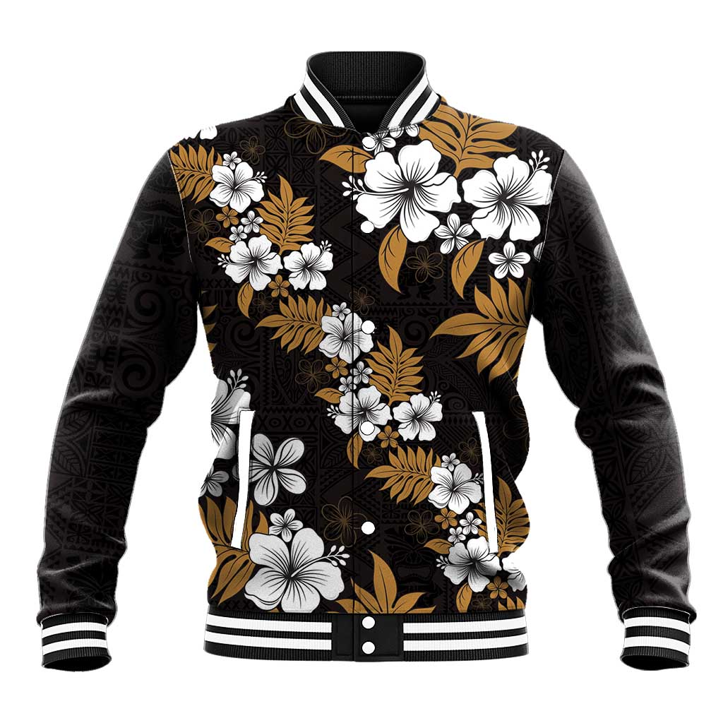 Hawaiian Hibiscus Tribal Floral Brown Baseball Jacket Polynesian Tapa Pattern - Polynesian Pride
