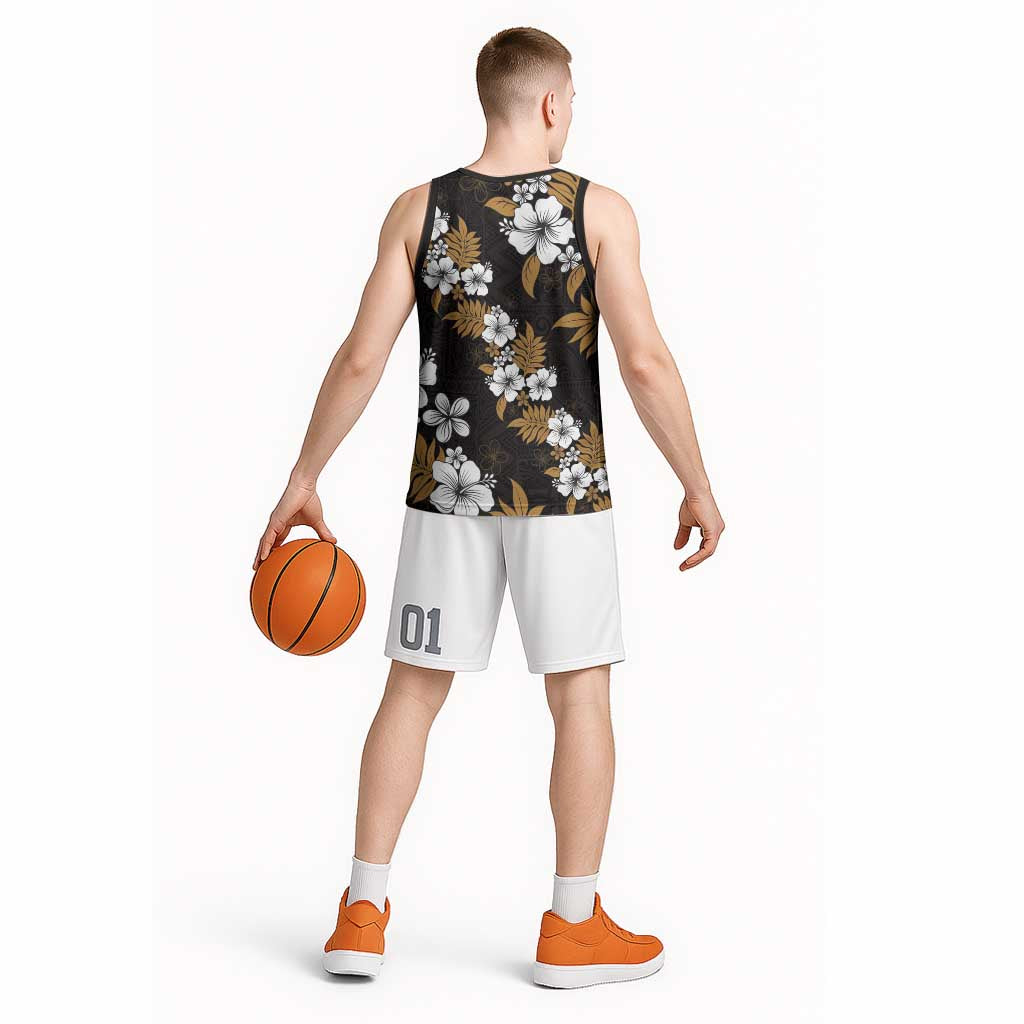 Hawaiian Hibiscus Tribal Floral Brown Basketball Jersey Polynesian Tapa Pattern - Polynesian Pride