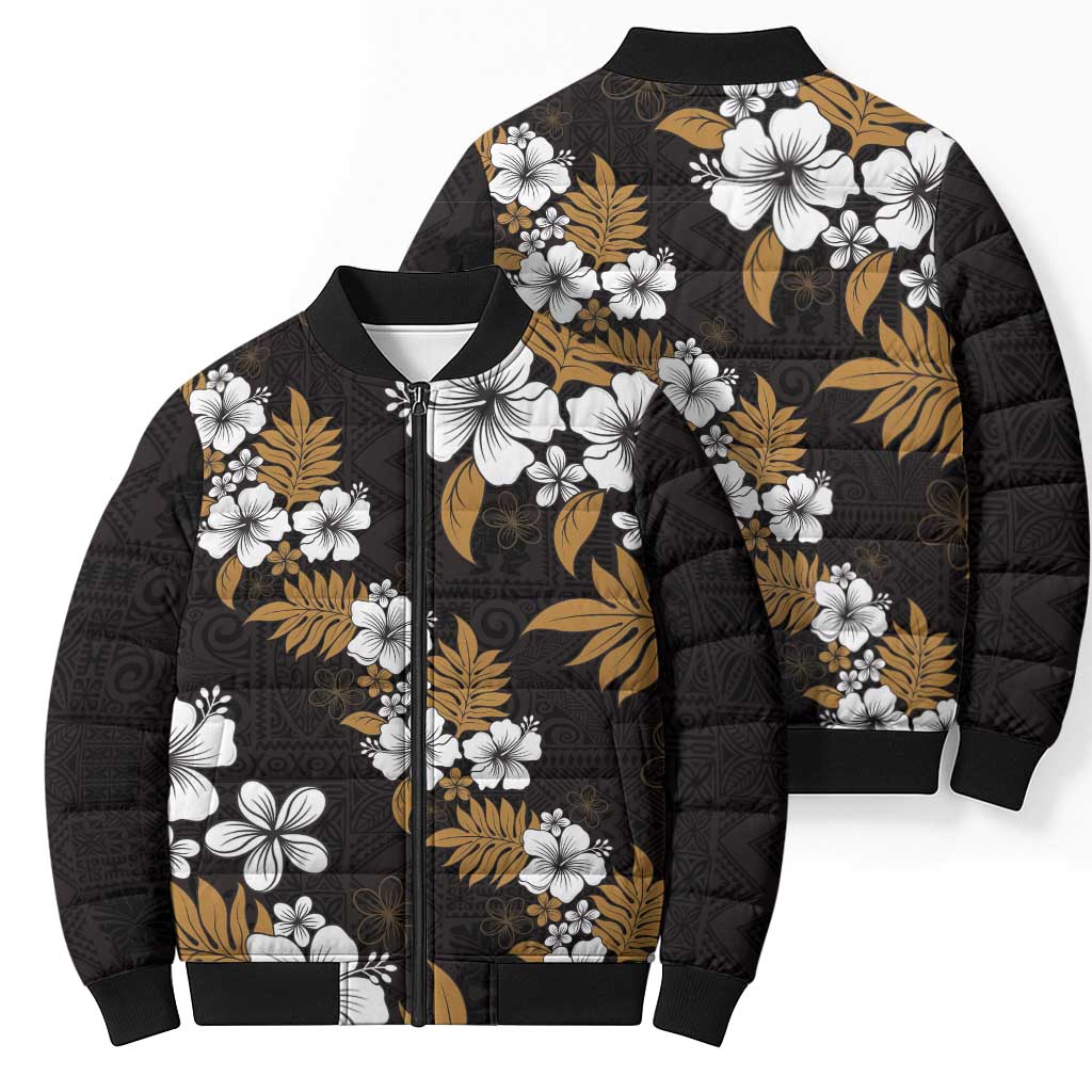 Hawaiian Hibiscus Tribal Floral Brown Bomber Puffer Jacket Polynesian Tapa Pattern - Polynesian Pride