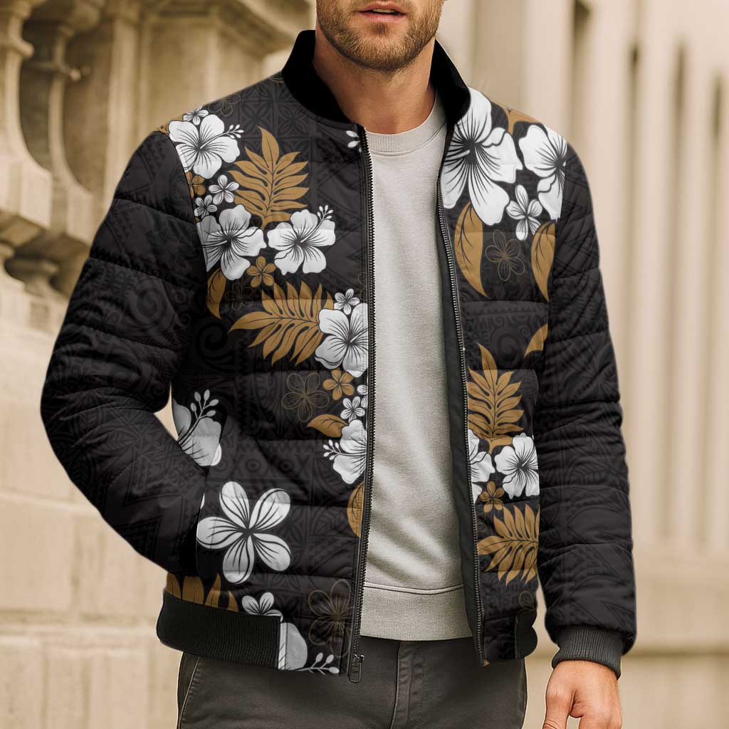 Hawaiian Hibiscus Tribal Floral Brown Bomber Puffer Jacket Polynesian Tapa Pattern - Polynesian Pride