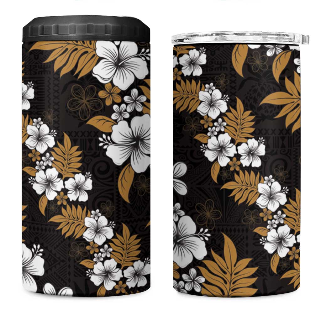 Hawaiian Hibiscus Tribal Floral Brown 4 in 1 Can Cooler Tumbler Polynesian Tapa Pattern - Polynesian Pride