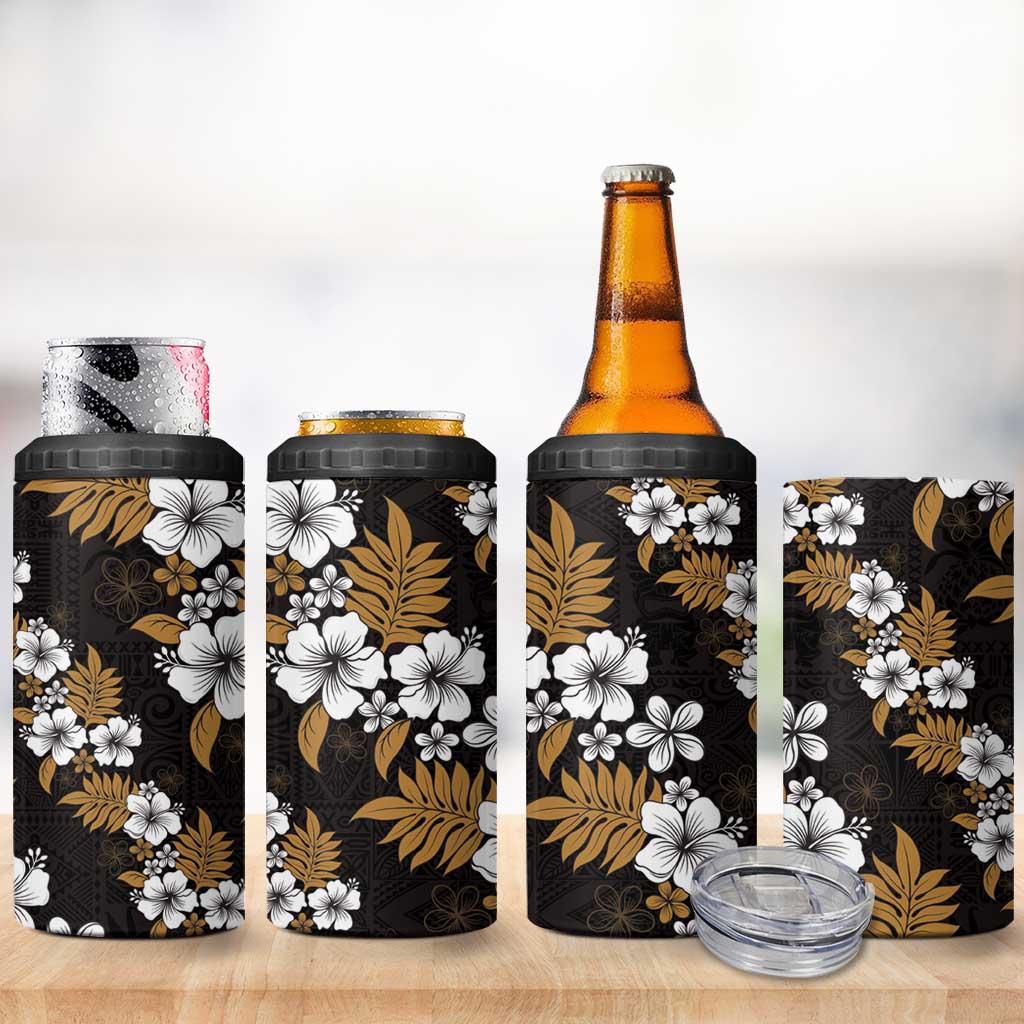 Hawaiian Hibiscus Tribal Floral Brown 4 in 1 Can Cooler Tumbler Polynesian Tapa Pattern - Polynesian Pride