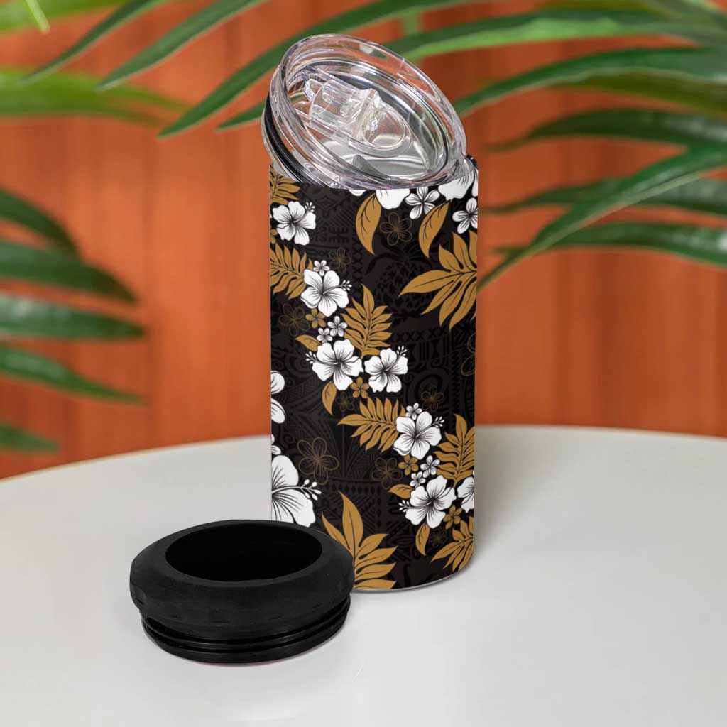 Hawaiian Hibiscus Tribal Floral Brown 4 in 1 Can Cooler Tumbler Polynesian Tapa Pattern - Polynesian Pride
