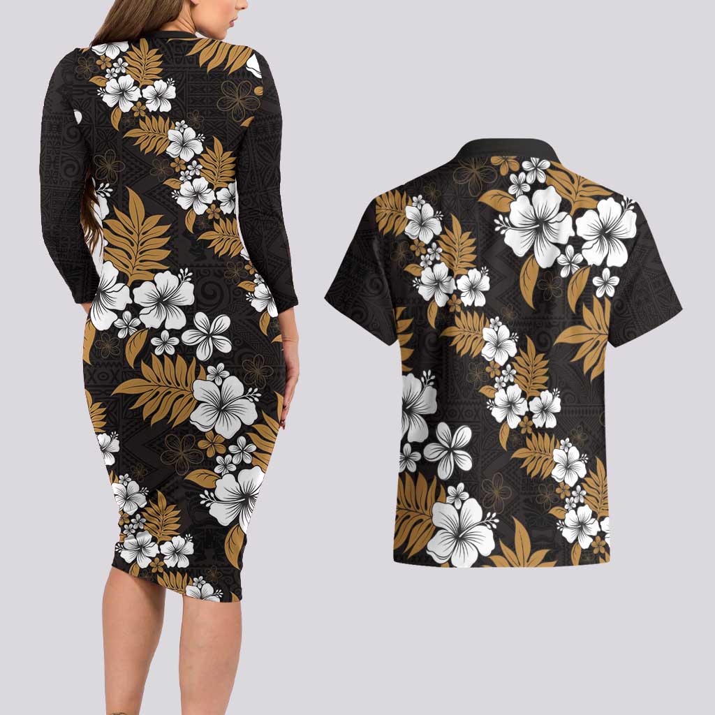 Hawaiian Hibiscus Tribal Floral Brown Couples Matching Long Sleeve Bodycon Dress and Hawaiian Shirt Polynesian Tapa Pattern - Polynesian Pride