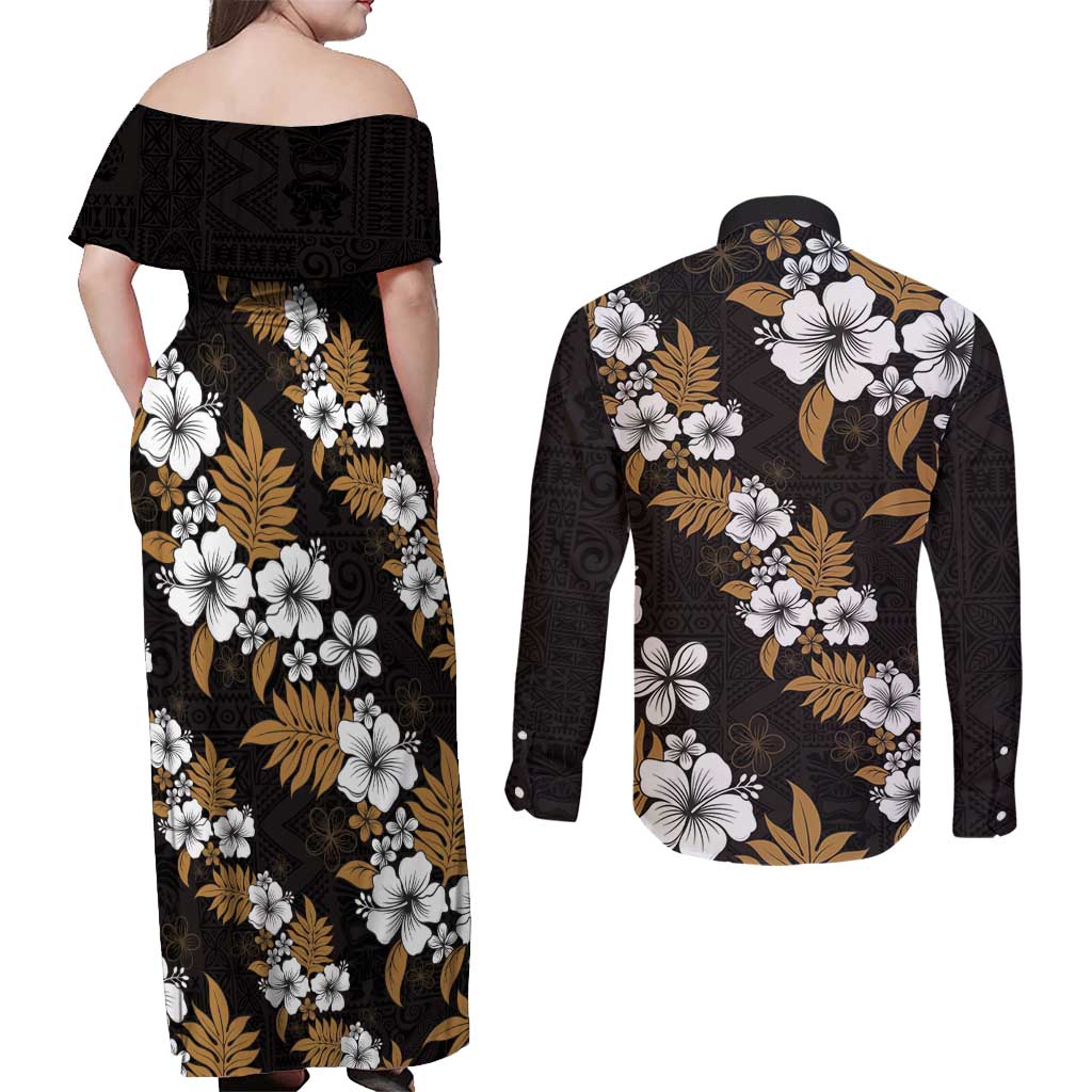 Hawaiian Hibiscus Tribal Floral Brown Couples Matching Off Shoulder Maxi Dress and Long Sleeve Button Shirt Polynesian Tapa Pattern - Polynesian Pride