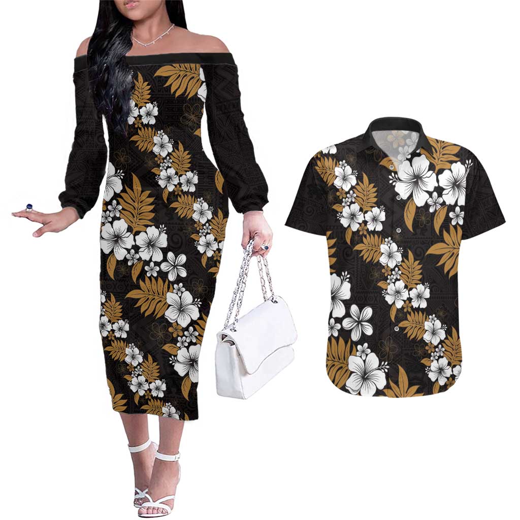 Hawaiian Hibiscus Tribal Floral Brown Couples Matching Off The Shoulder Long Sleeve Dress and Hawaiian Shirt Polynesian Tapa Pattern - Polynesian Pride
