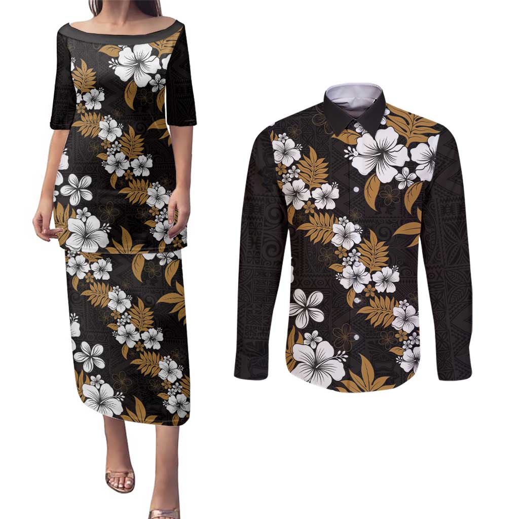 Hawaiian Hibiscus Tribal Floral Brown Couples Matching Puletasi and Long Sleeve Button Shirt Polynesian Tapa Pattern - Polynesian Pride