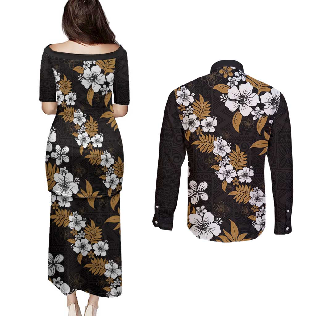 Hawaiian Hibiscus Tribal Floral Brown Couples Matching Puletasi and Long Sleeve Button Shirt Polynesian Tapa Pattern - Polynesian Pride