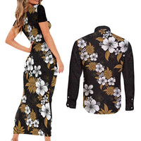 Hawaiian Hibiscus Tribal Floral Brown Couples Matching Short Sleeve Bodycon Dress and Long Sleeve Button Shirt Polynesian Tapa Pattern - Polynesian Pride