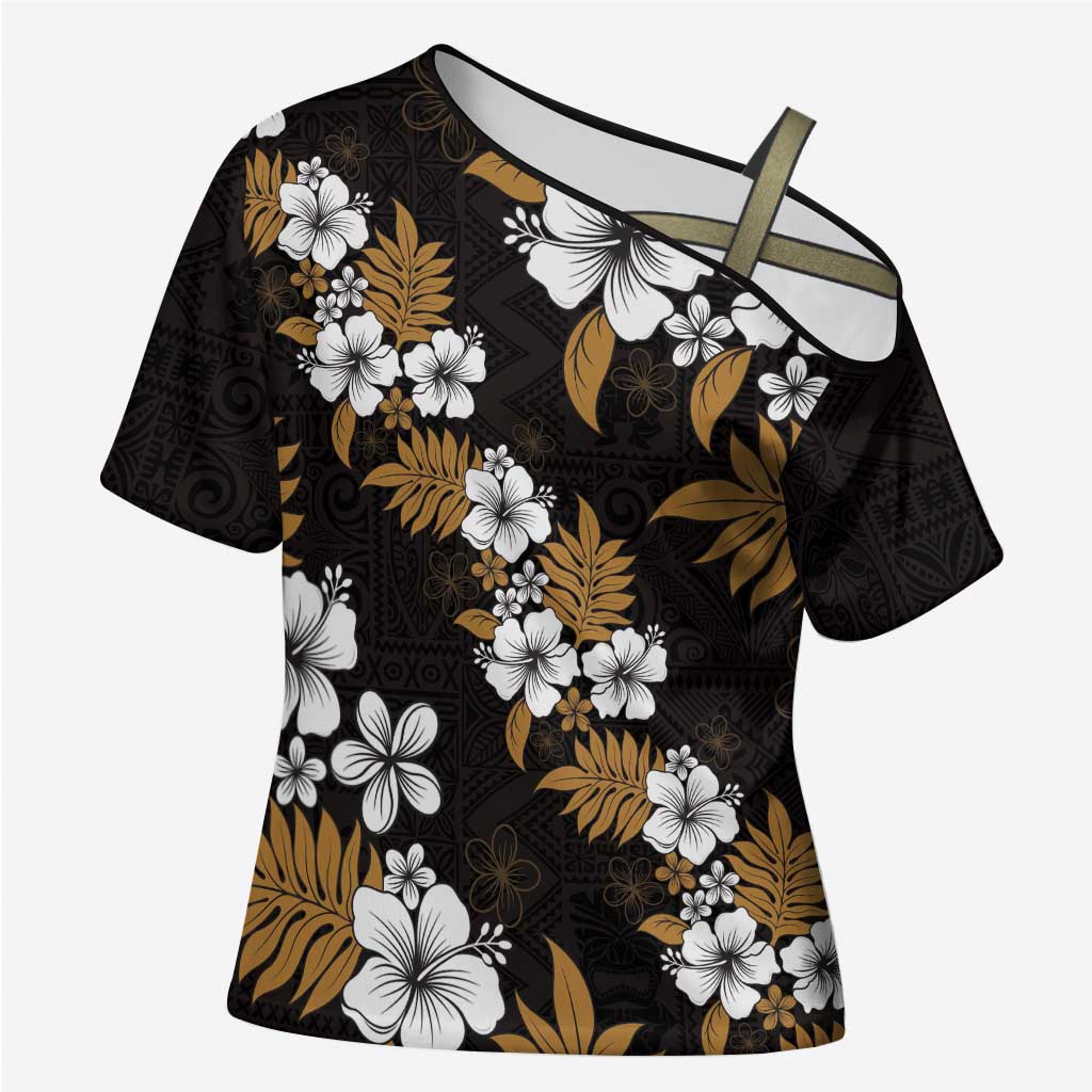 Hawaiian Hibiscus Tribal Floral Brown Cross Shoulder Shirt Polynesian Tapa Pattern - Polynesian Pride