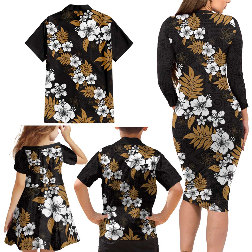 Hawaiian Hibiscus Tribal Floral Brown Family Matching Long Sleeve Bodycon Dress and Hawaiian Shirt Polynesian Tapa Pattern - Polynesian Pride