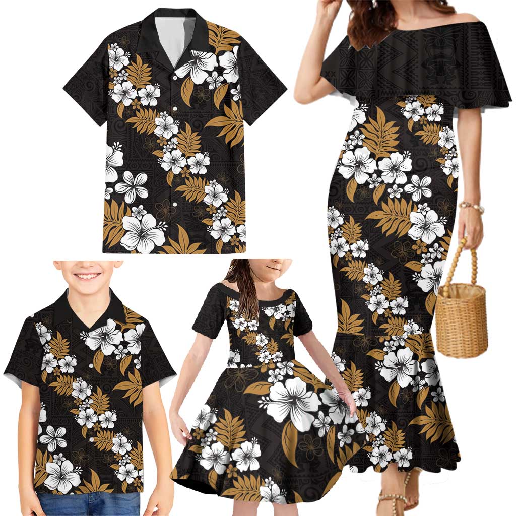 Hawaiian Hibiscus Tribal Floral Brown Family Matching Mermaid Dress and Hawaiian Shirt Polynesian Tapa Pattern - Polynesian Pride