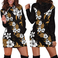 Hawaiian Hibiscus Tribal Floral Brown Hoodie Dress Polynesian Tapa Pattern - Polynesian Pride