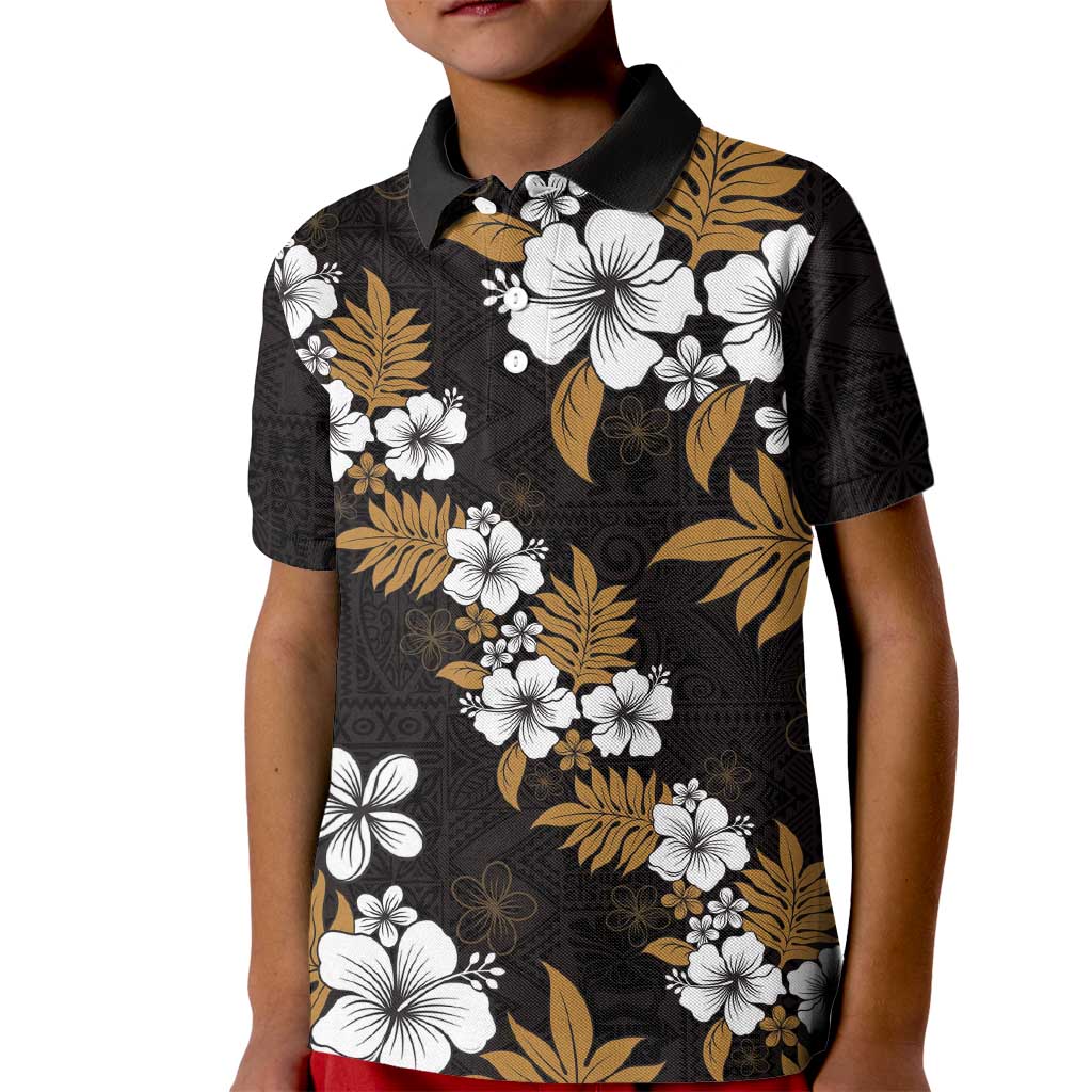 Hawaiian Hibiscus Tribal Floral Brown Kid Polo Shirt Polynesian Tapa Pattern - Polynesian Pride