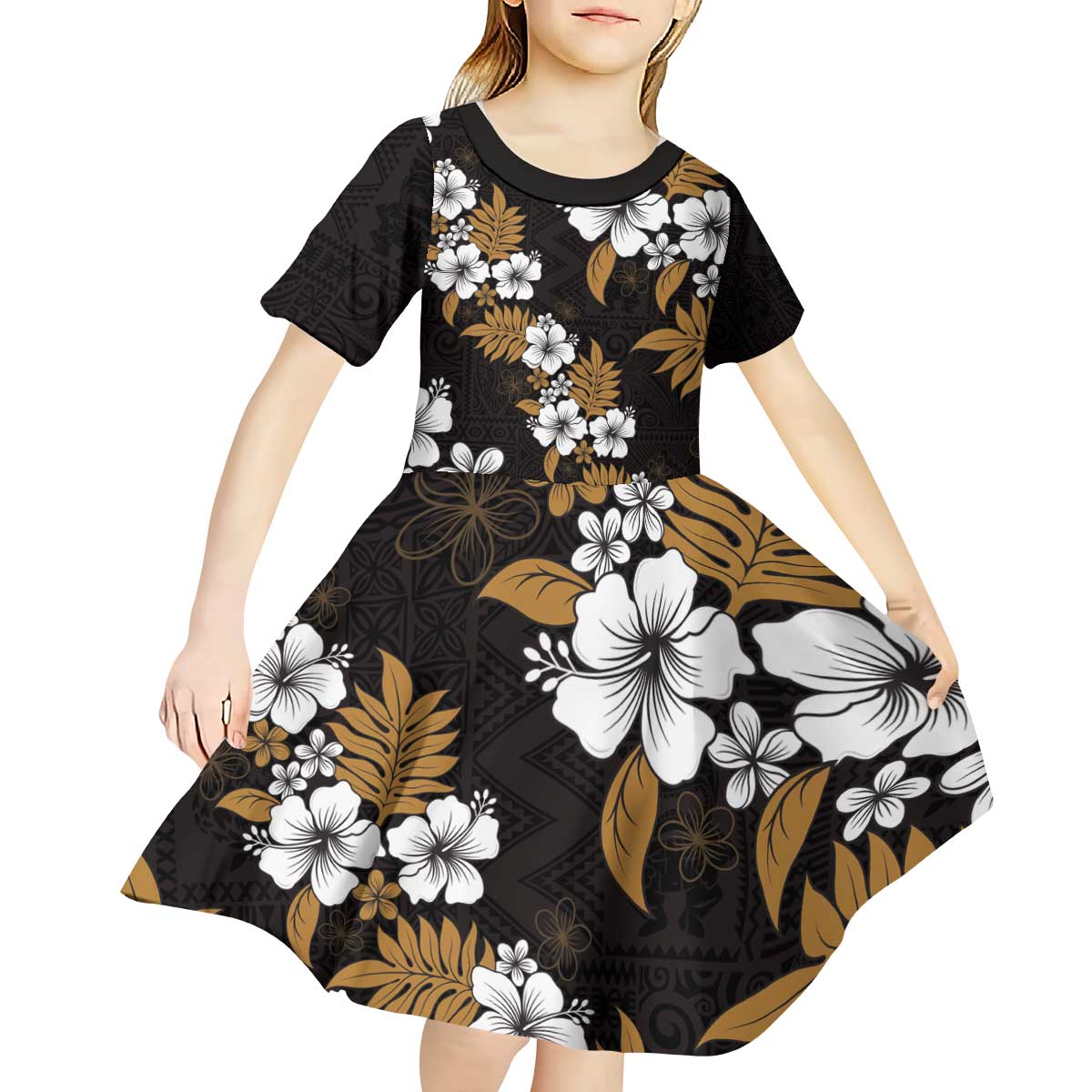 Hawaiian Hibiscus Tribal Floral Brown Kid Short Sleeve Dress Polynesian Tapa Pattern - Polynesian Pride